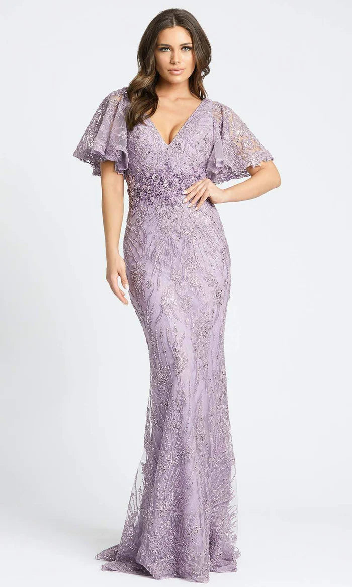 Glamorous Mermaid V-Neck Ruffled-Sleeve Sheer-Back Lavender Beaded-Lace Floor-Length Mother of the Bride Dresses