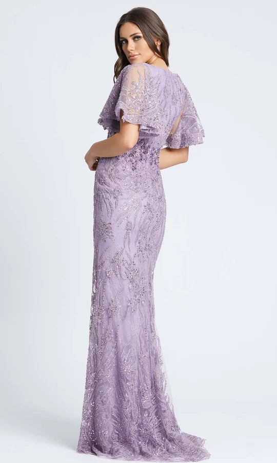 Glamorous Mermaid V-Neck Ruffled-Sleeve Sheer-Back Lavender Beaded-Lace Floor-Length Mother of the Bride Dresses