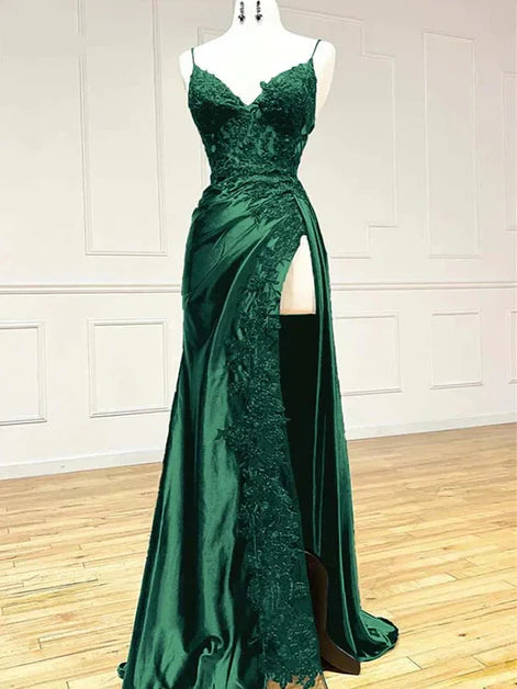 Glamorous Mermaid V-Neck Satin Lace-Overlay Spaghetti-Strap Slit-Train Length Evening Dresses