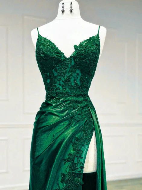 Glamorous Mermaid V-Neck Satin Lace-Overlay Spaghetti-Strap Slit-Train Length Evening Dresses