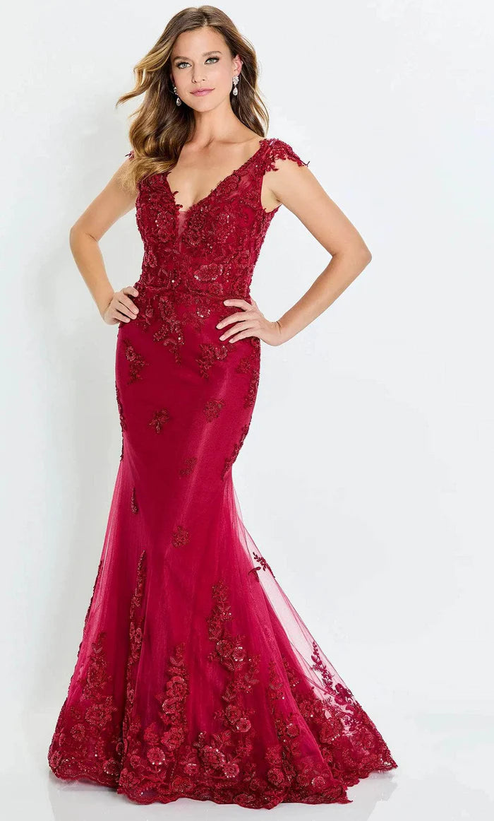 Glamorous Mermaid V-Neck Sequin-Floral-Lace-Back Burgundy Tulle Floor-Length Mother of the Bride Dresses