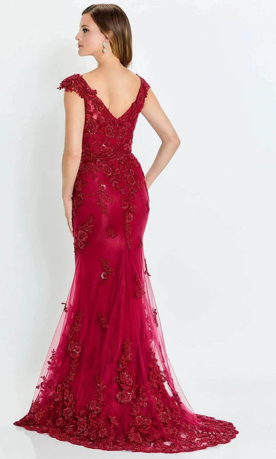 Glamorous Mermaid V-Neck Sequin-Floral-Lace-Back Burgundy Tulle Floor-Length Mother of the Bride Dresses