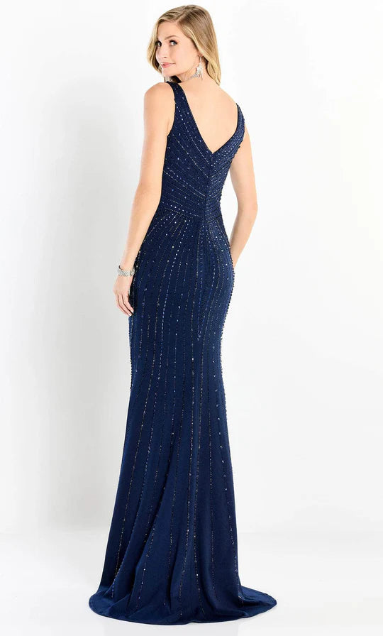 Glamorous Mermaid V-Neck Sequined-Stripe-Sleeveless-V-Back Navy Satin Floor-Length Mother of the Bride Dresses