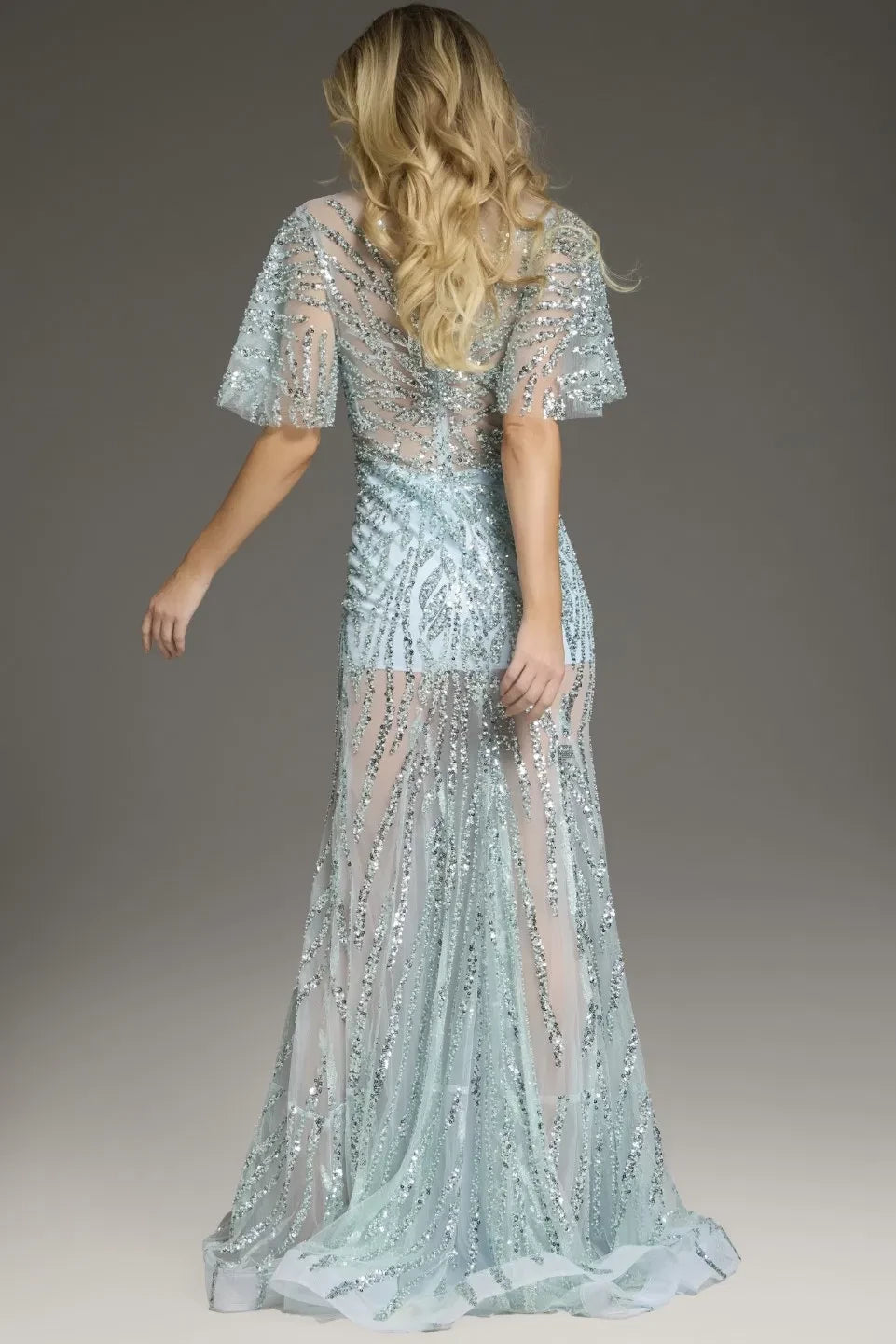 Glamorous Mermaid V-Neck Short-Sleeve Beaded-Sheer Long Length Evening Dresses