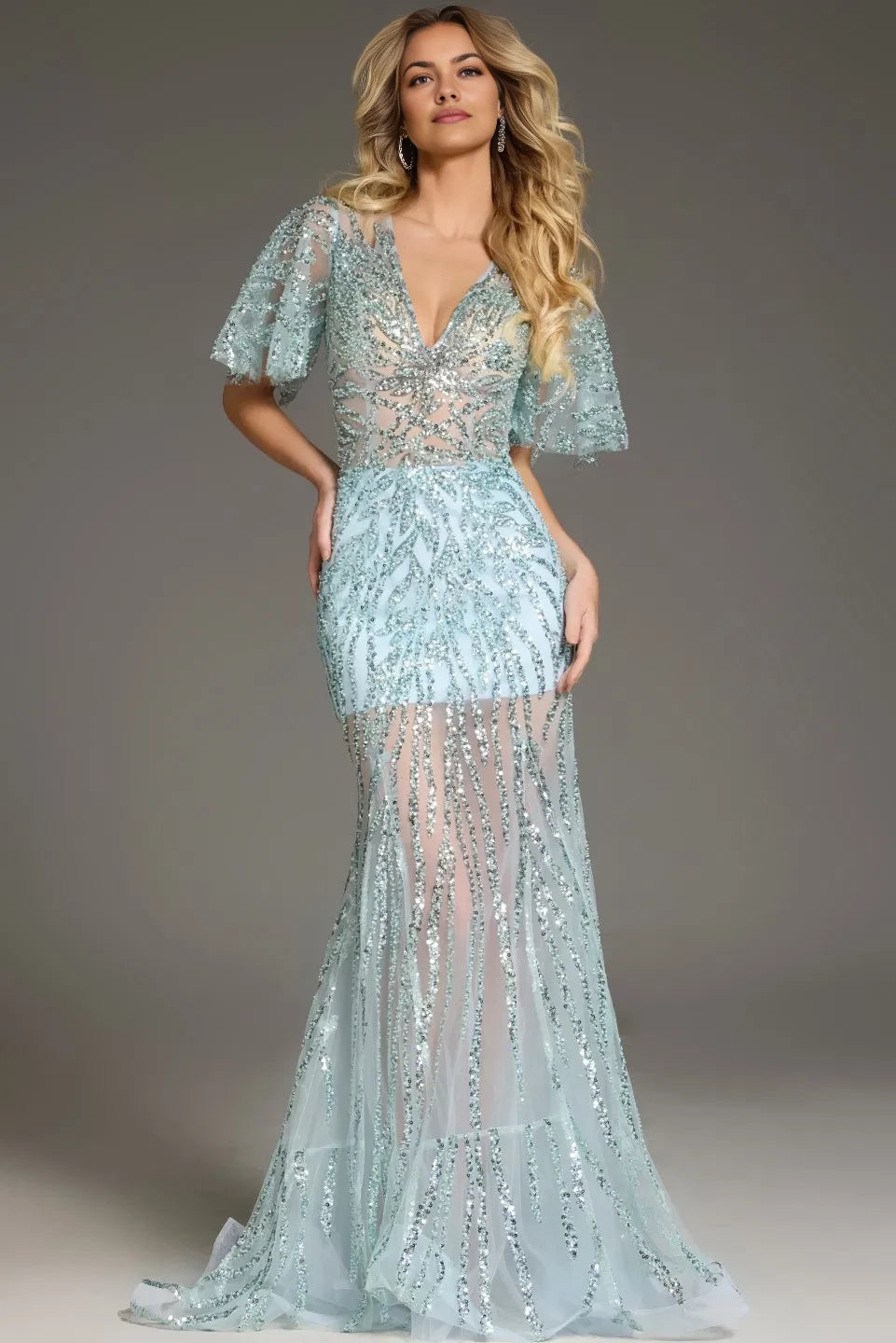 Glamorous Mermaid V-Neck Short-Sleeve Beaded-Sheer Long Length Evening Dresses