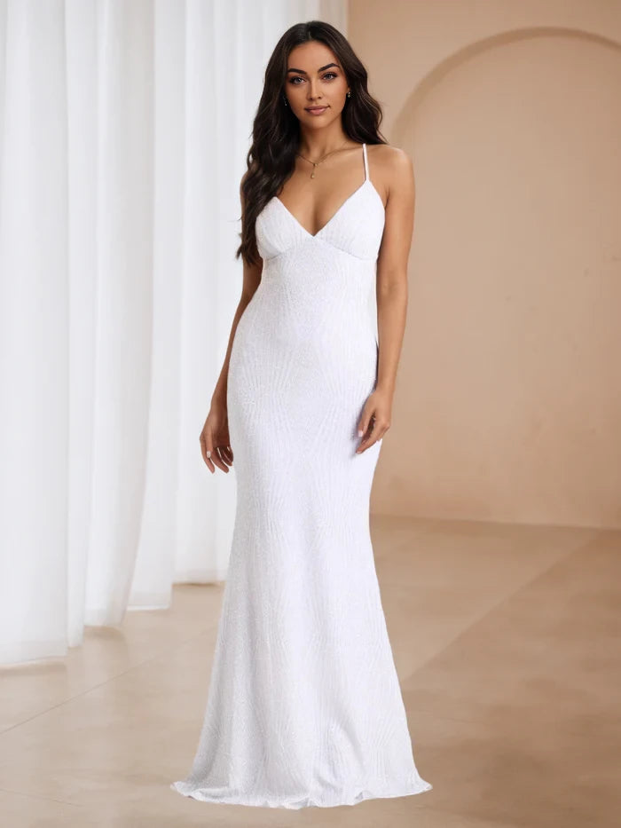 Glamorous Mermaid V - Neck Sleeveless Lace - Up Back Floor Length Prom Dresses