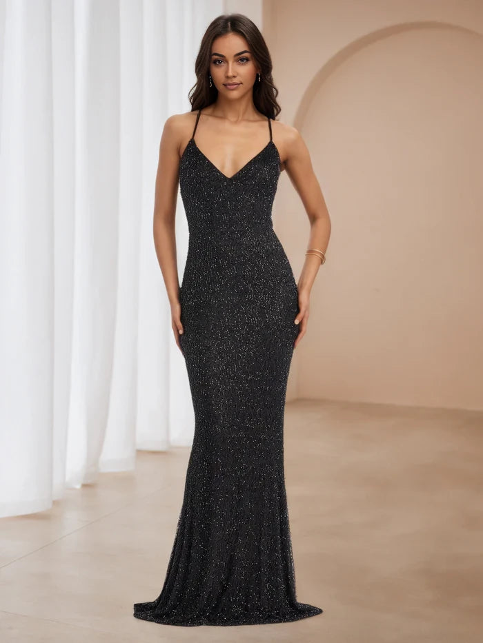 Glamorous Mermaid V - Neck Sleeveless Lace - Up Back Floor Length Prom Dresses