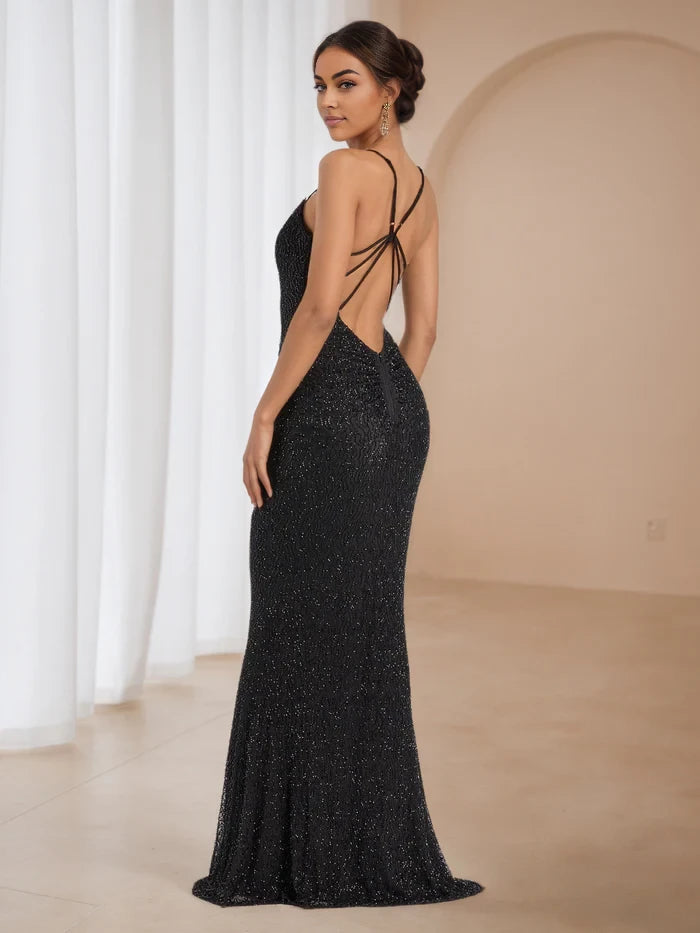 Glamorous Mermaid V - Neck Sleeveless Lace - Up Back Floor Length Prom Dresses