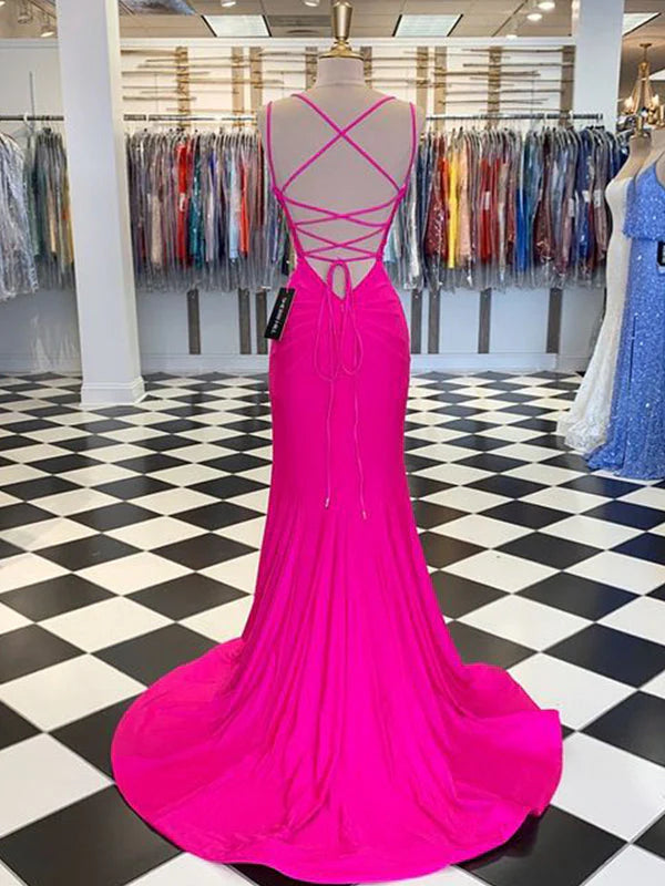 Glamorous Mermaid V - Neck Sleeveless Lace - Up Back Long Length Prom Dresses