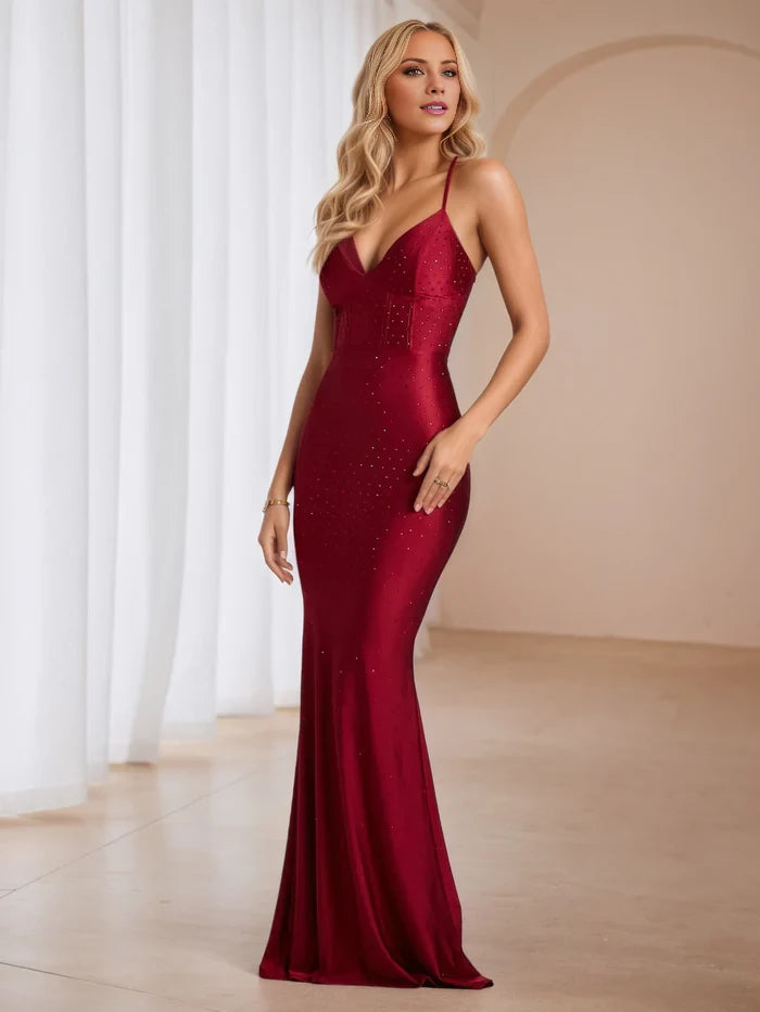 Glamorous Mermaid V - Neck Sleeveless Lace - Up Back Long Length Prom Dresses