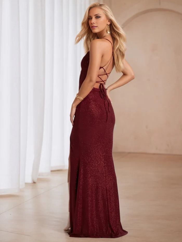 Glamorous Mermaid V - Neck Sleeveless Lace - Up Back Long Length Prom Dresses