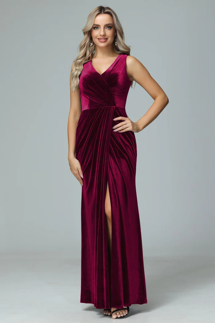 Glamorous Mermaid V-Neck Sleeveless Tie-Back Burgundy Velvet Floor-Length Bridesmaid Dresses