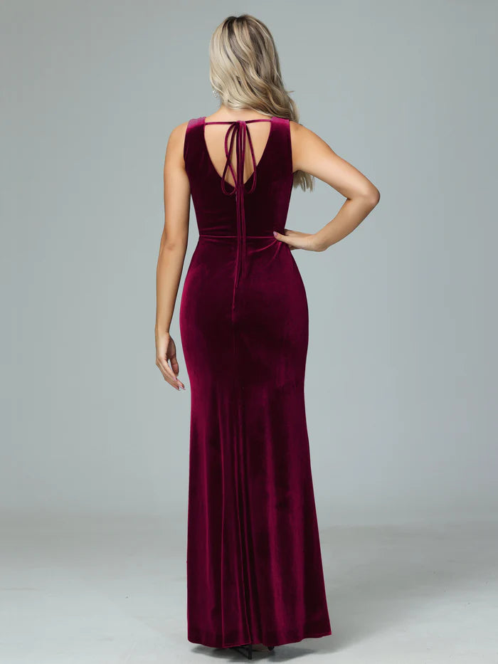 Glamorous Mermaid V-Neck Sleeveless Tie-Back Burgundy Velvet Floor-Length Bridesmaid Dresses