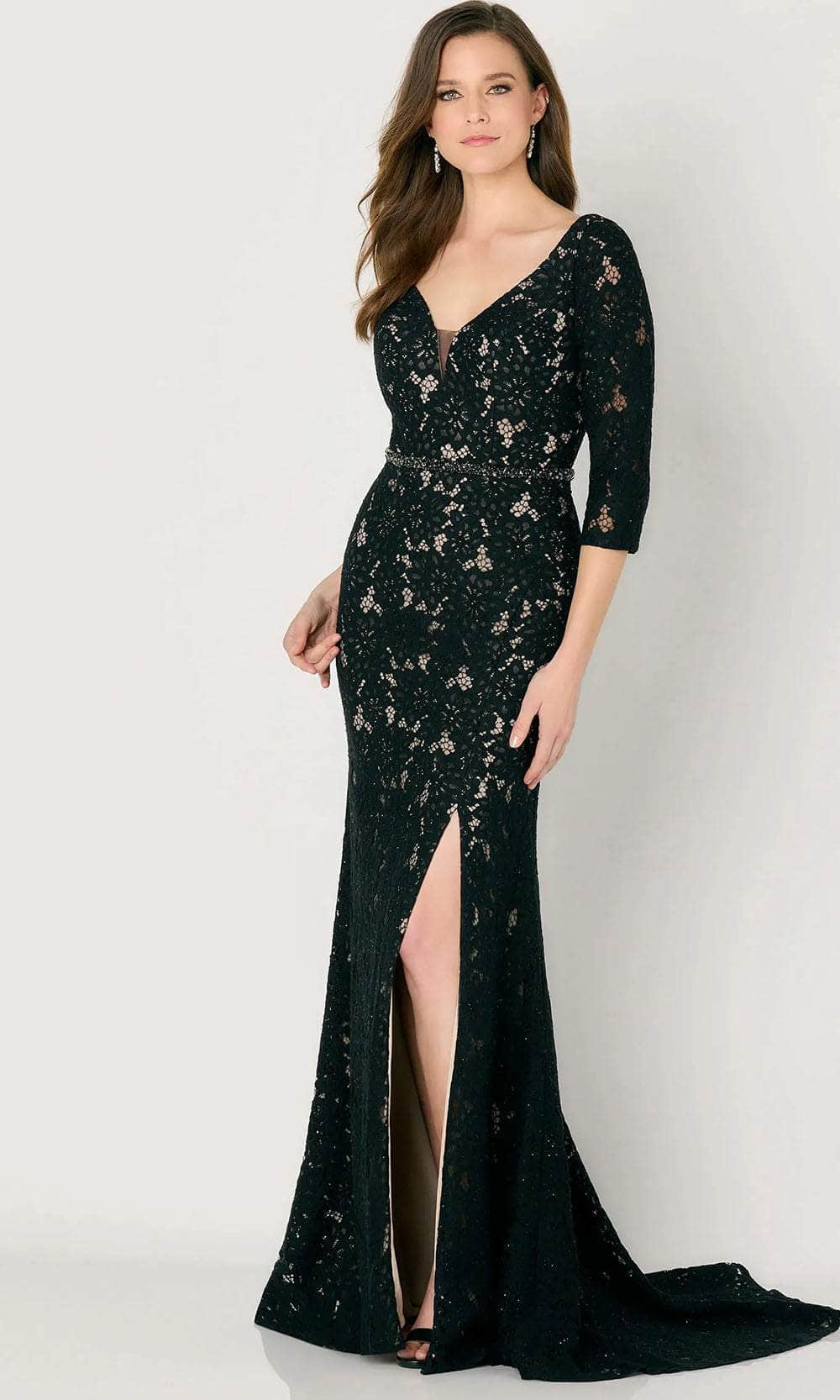Glamorous Mermaid V-Neck Three-Quarter-Sleeve Beaded-Back Black Lace Floor-Length Mother of the Bride Dresses