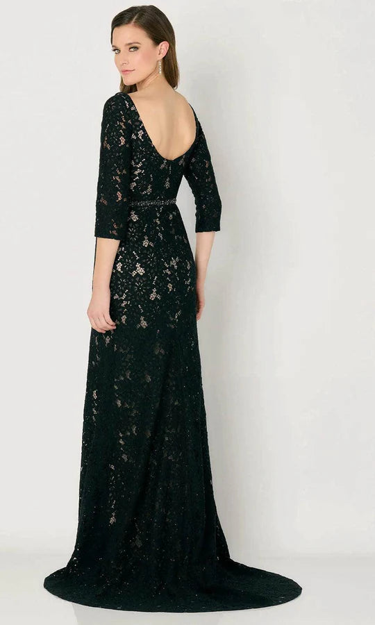 Glamorous Mermaid V-Neck Three-Quarter-Sleeve Beaded-Back Black Lace Floor-Length Mother of the Bride Dresses
