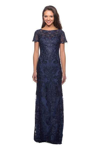 Glamorous Sheath Boat-Neck Cap-Sleeve Sheer-Back Navy Sequin-Lace Floor-Length Mother of the Bride Dresses