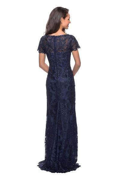 Glamorous Sheath Boat-Neck Cap-Sleeve Sheer-Back Navy Sequin-Lace Floor-Length Mother of the Bride Dresses