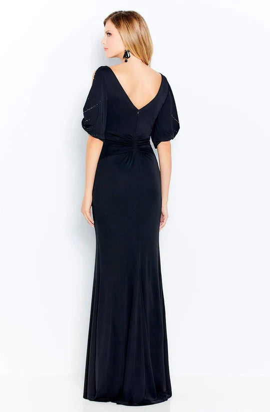 Glamorous Sheath Boat-Neck Cutout-Sleeve Beaded-Trim Black Satin Floor-Length Mother of the Bride Dresses