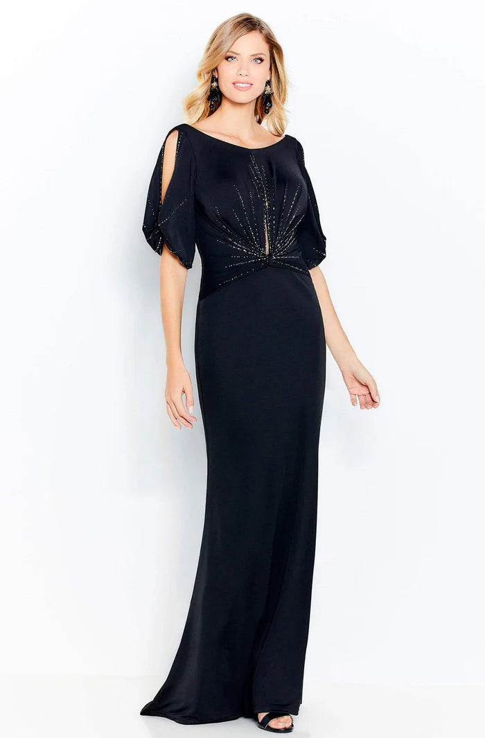 Glamorous Sheath Boat-Neck Cutout-Sleeve Beaded-Trim Black Satin Floor-Length Mother of the Bride Dresses