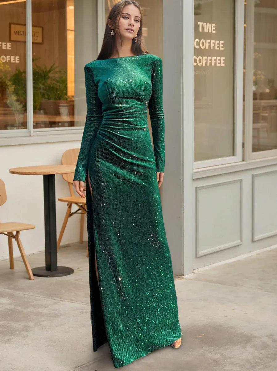 Glamorous Sheath Boat Neck Long Sleeve Open Back Floor - Length Mother of the Bride Dresses