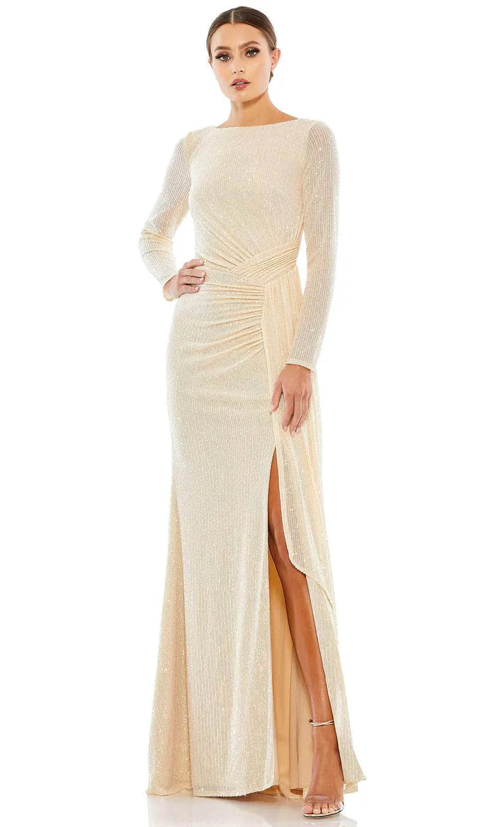 Glamorous Sheath Boat-Neck Long-Sleeve Ruched-Back Champagne Sequin-Fabric Slit Floor-Length Mother of the Bride Dresses