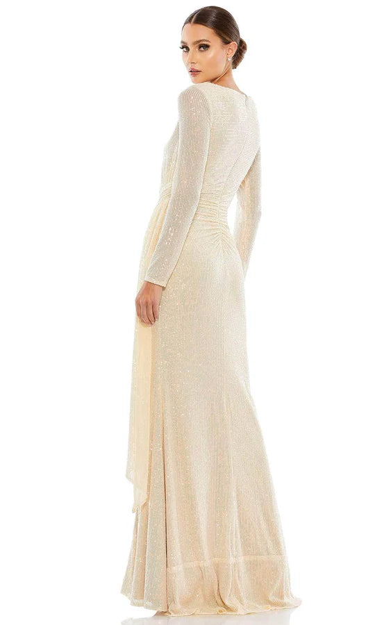 Glamorous Sheath Boat-Neck Long-Sleeve Ruched-Back Champagne Sequin-Fabric Slit Floor-Length Mother of the Bride Dresses