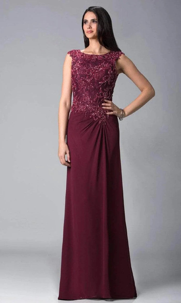 Glamorous Sheath Boat-Neck Sleeveless Keyhole-Back Burgundy Sequin-Lace Chiffon Floor-Length Mother of the Bride Dresses
