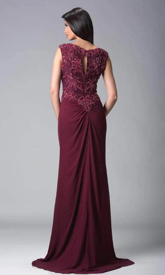 Glamorous Sheath Boat-Neck Sleeveless Keyhole-Back Burgundy Sequin-Lace Chiffon Floor-Length Mother of the Bride Dresses