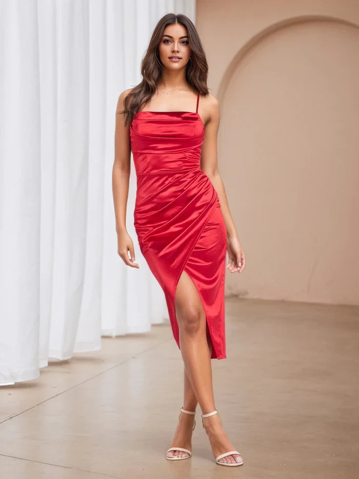Glamorous Sheath Cowl Neck Sleeveless Open Back Midi Length Prom Dresses