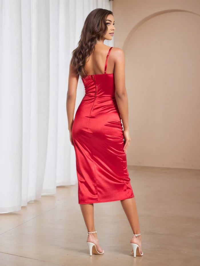 Glamorous Sheath Cowl Neck Sleeveless Open Back Midi Length Prom Dresses