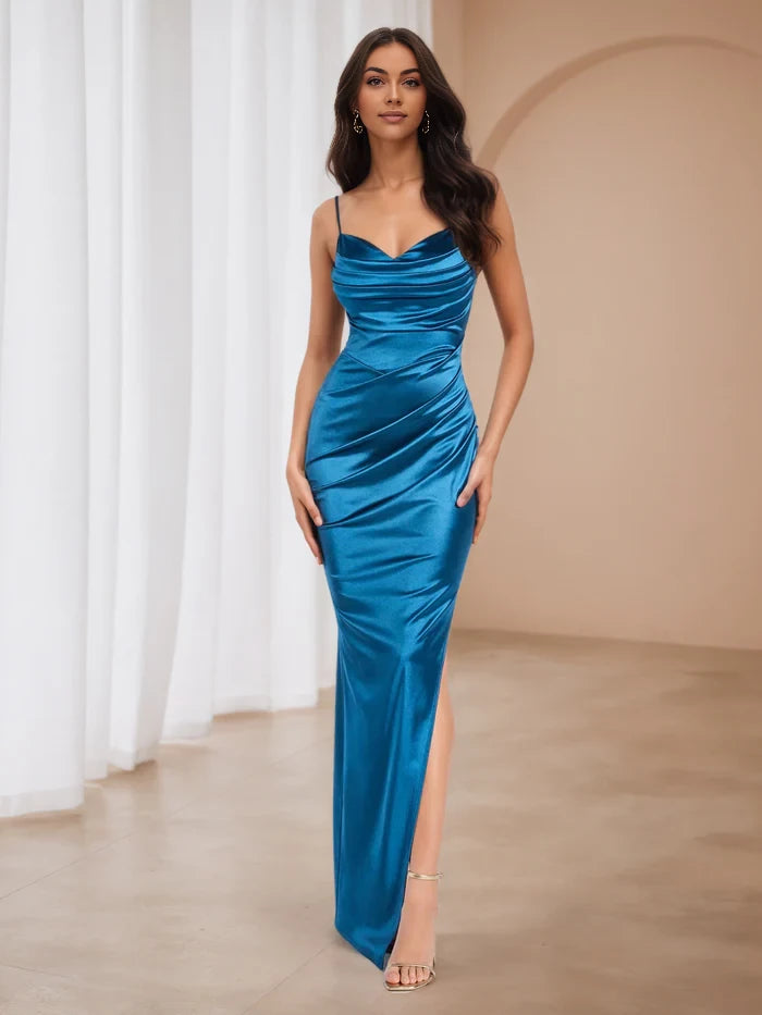 Glamorous Sheath Cowl Neck Sleeveless Plain Back Floor Length Prom Dresses