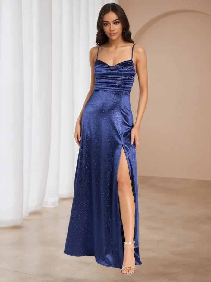 Glamorous Sheath Cowl Neck Sleeveless Zip Back Floor Length Prom Dresses