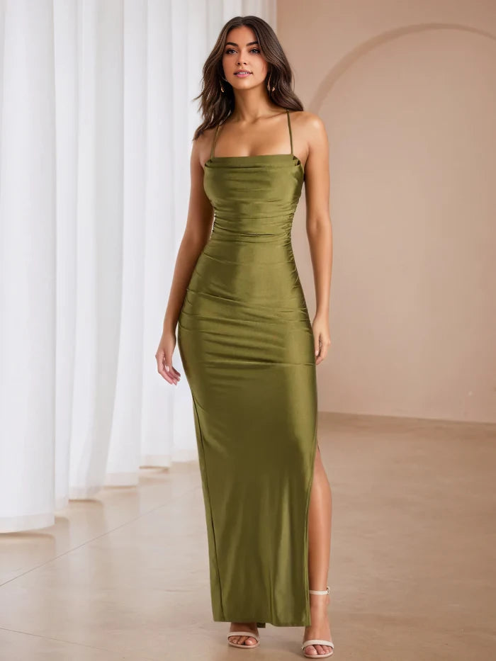 Glamorous Sheath Cowl Neck Spaghetti Strap Lace - Up Back Long Length Prom Dresses