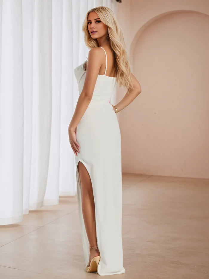 Glamorous Sheath Cowl Neck Spaghetti Strap Open Back Long Length Prom Dresses
