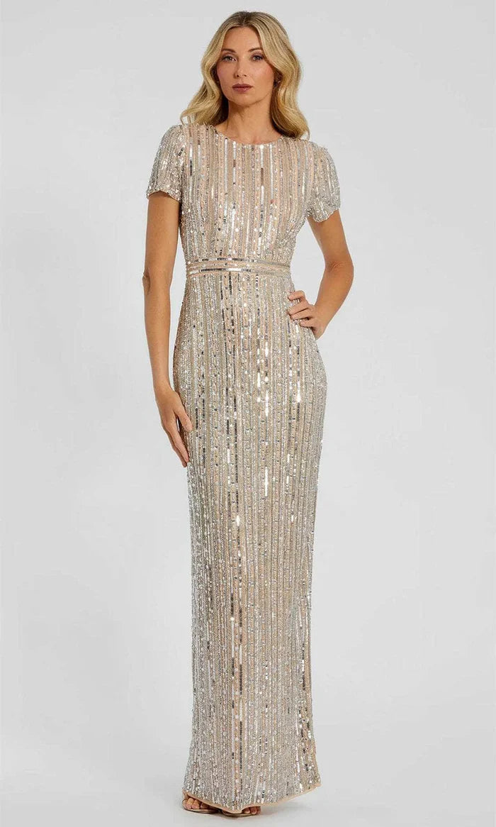Glamorous Sheath Crew-Neck Cap-Sleeve-Zip-Back Champagne Sequin Floor-Length Mother of the Bride Dresses