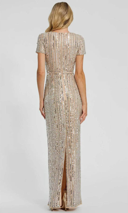 Glamorous Sheath Crew-Neck Cap-Sleeve-Zip-Back Champagne Sequin Floor-Length Mother of the Bride Dresses
