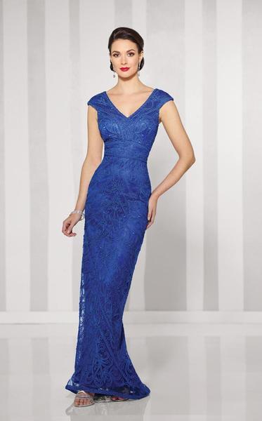 Glamorous Sheath Deep-V Cap-Sleeve V-Back Royal Blue Embellished-Lace Tulle Floor-Length Mother of the Bride Dresses