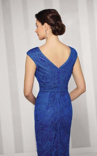 Glamorous Sheath Deep-V Cap-Sleeve V-Back Royal Blue Embellished-Lace Tulle Floor-Length Mother of the Bride Dresses