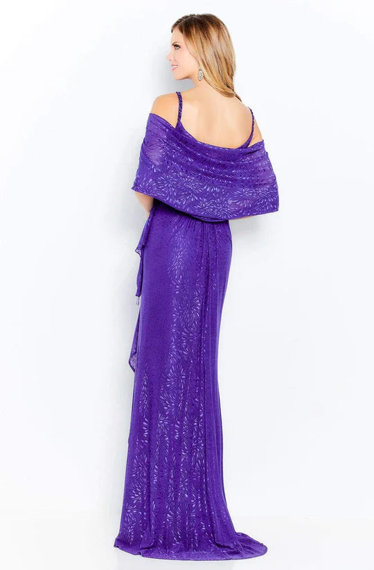 Glamorous Sheath Deep-V Cold-Shoulder Beaded-Trim Royal Purple Chiffon Floor-Length Mother of the Bride Dresses
