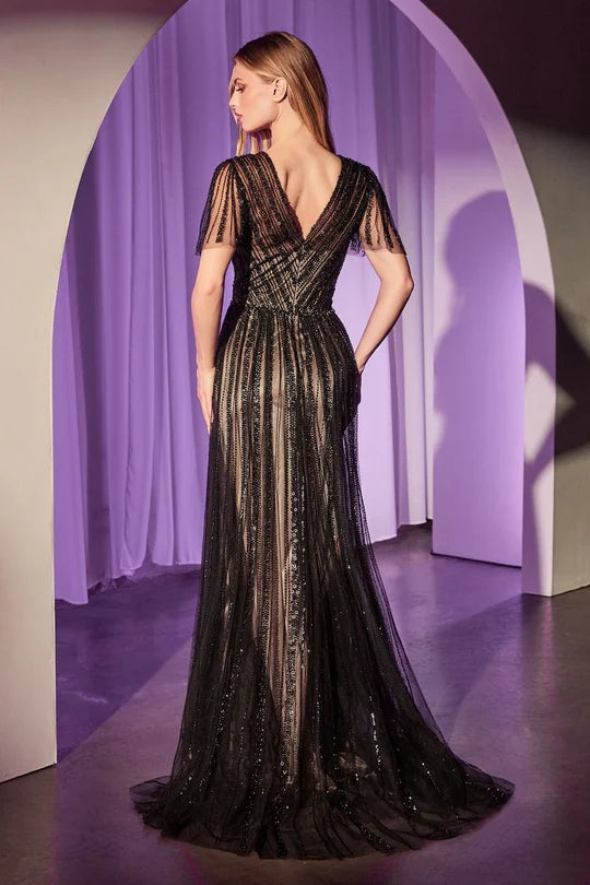Glamorous Sheath Deep-V Fringe-Sleeve V-Back Black Sequin-Tulle Train Floor-Length Mother of the Bride Dresses