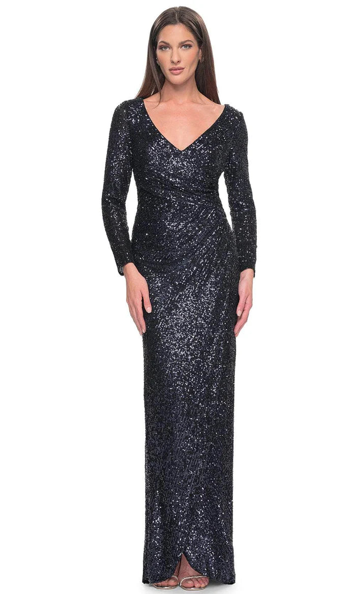 Glamorous Sheath Deep-V Long-Sleeve Ruched-Back Navy Sequin-Fabric Slit Floor-Length Mother of the Bride Dresses