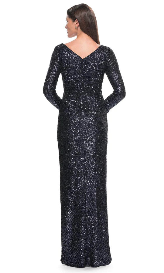 Glamorous Sheath Deep-V Long-Sleeve Ruched-Back Navy Sequin-Fabric Slit Floor-Length Mother of the Bride Dresses