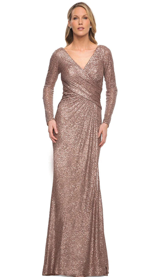 Glamorous Sheath Deep-V Long-Sleeve Ruched-Back Rose-Gold Sequin-Fabric Floor-Length Mother of the Bride Dresses