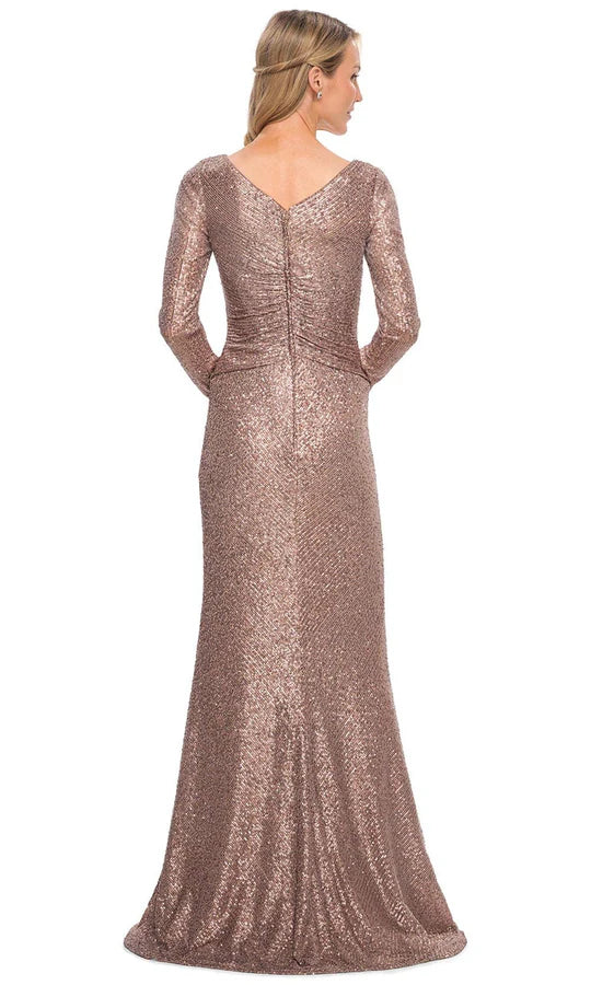 Glamorous Sheath Deep-V Long-Sleeve Ruched-Back Rose-Gold Sequin-Fabric Floor-Length Mother of the Bride Dresses