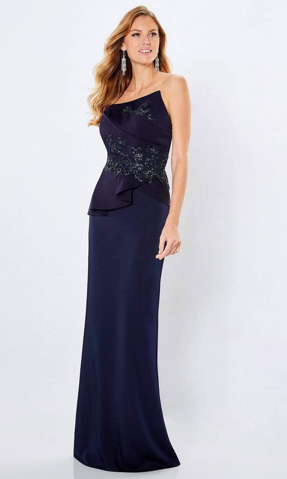 Glamorous Sheath Deep-V-Neck Cold-Shoulder Beaded-Bodice-Plunging-Back Navy Satin Floor-Length Mother of the Bride Dresses