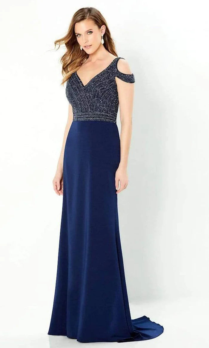 Glamorous Sheath Deep-V-Neck Cold-Shoulder Beaded-Bodice-Plunging-Back Navy Satin Floor-Length Mother of the Bride Dresses