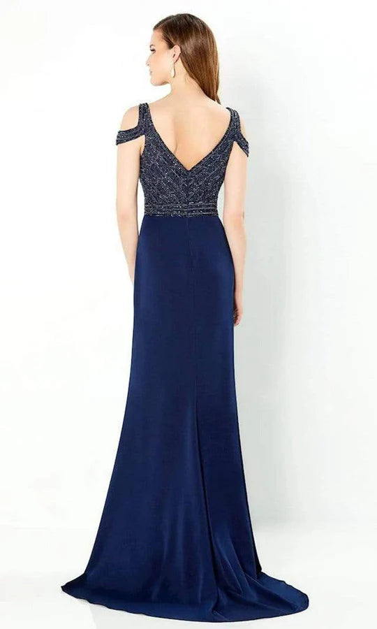 Glamorous Sheath Deep-V-Neck Cold-Shoulder Beaded-Bodice-Plunging-Back Navy Satin Floor-Length Mother of the Bride Dresses