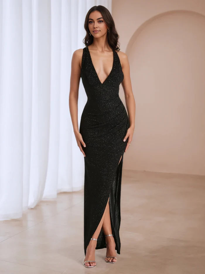 Glamorous Sheath Deep V - Neck Sleeveless Criss - Cross Back Long Length Prom Dresses