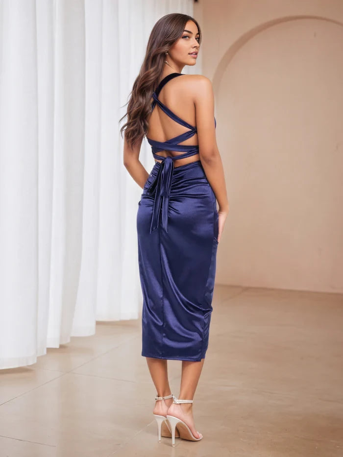 Glamorous Sheath Deep V - Neck Sleeveless Criss - Cross Tie - Back Midi Length Prom Dresses