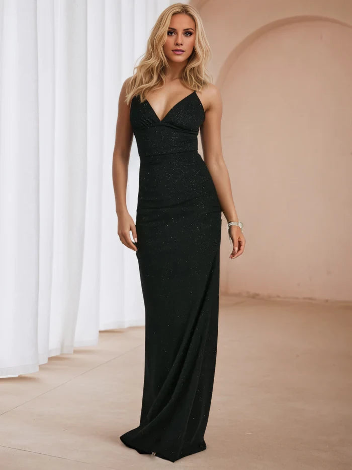 Glamorous Sheath Deep V - Neck Spaghetti Strap Criss - Cross Tie - Back Long Length Prom Dresses
